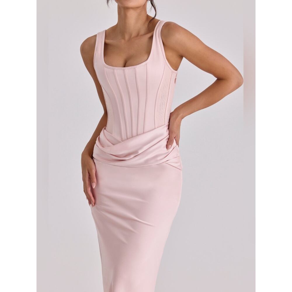 House of CB Kira Blush Pink Satin Gathered Maxi Dress XS - Picture 3 of 13